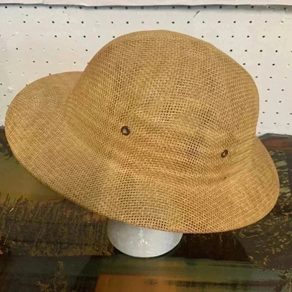 Vintage Pith Helmet Straw Safari Jungle Cruise Hat Ventilated Unisex 60s 70s - Picture 3 of 9